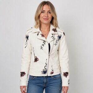 ModX Ivory Faux Leather Floral‎ Embroidered Moto Jacket Women's S
